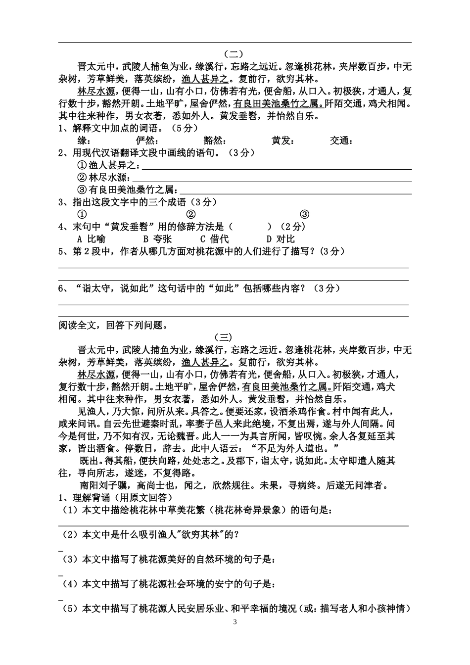 复习三《桃花源记》练习卷(wang)_第3页
