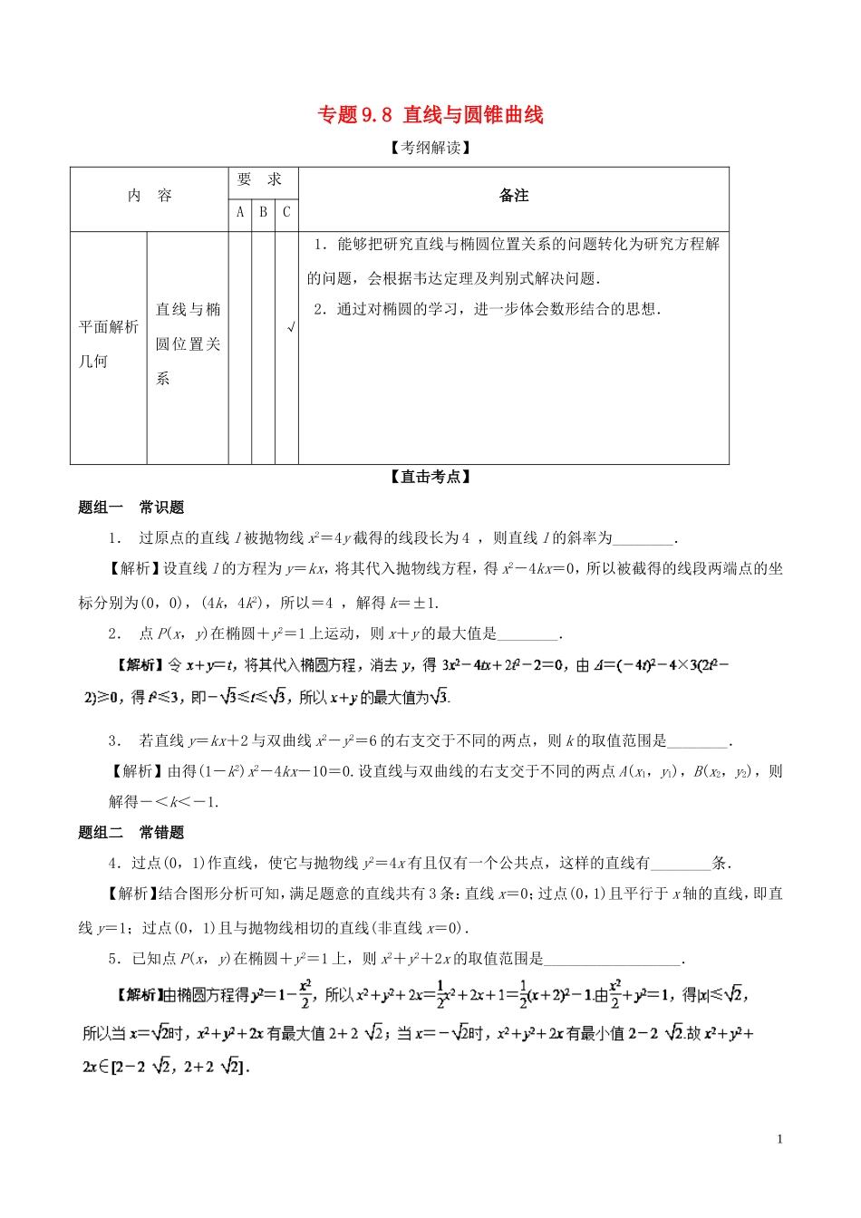 （江苏版）高考数学一轮复习 专题9.8 直线与圆锥曲线（讲）-人教版高三全册数学试题_第1页