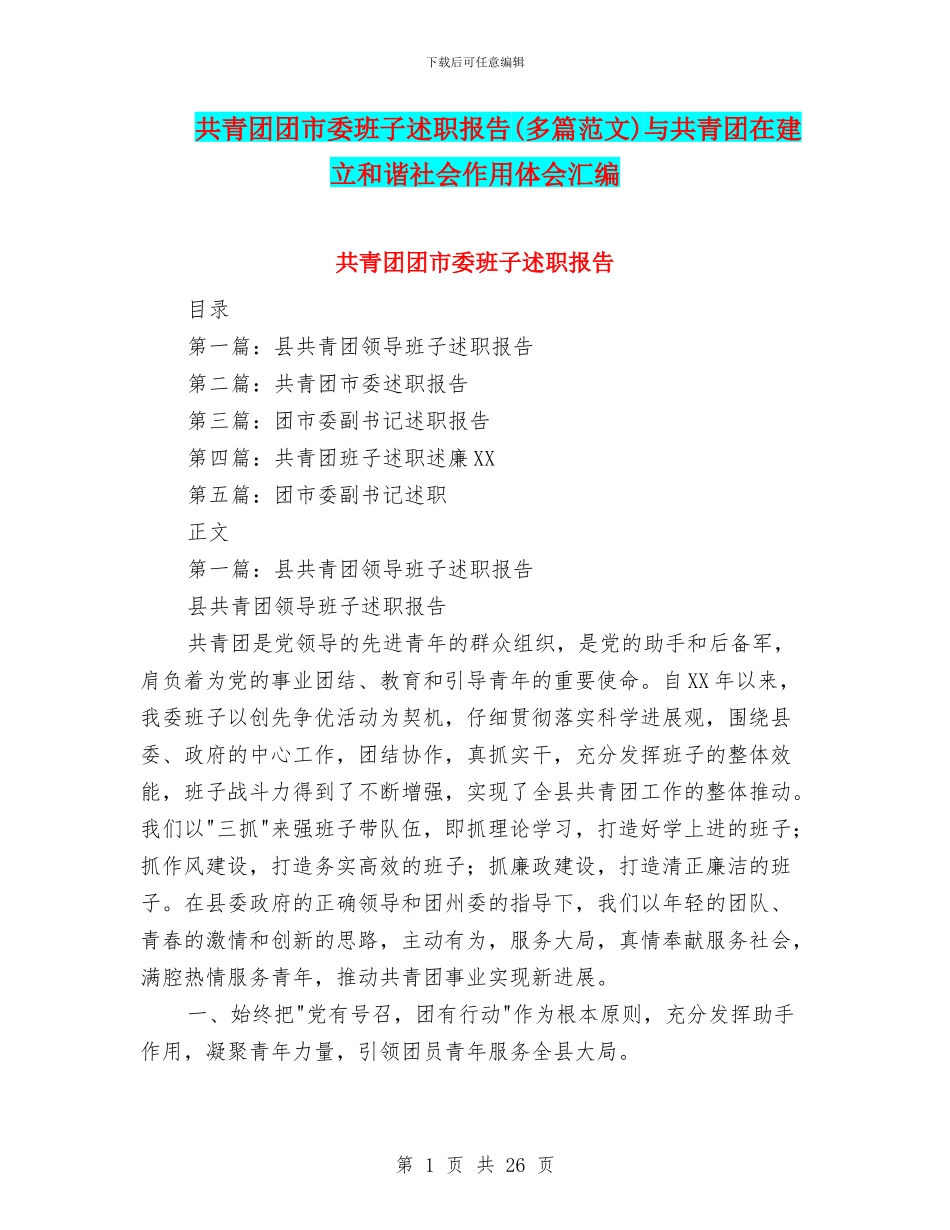 共青团团市委班子述职报告与共青团在建立和谐社会作用体会汇编_第1页
