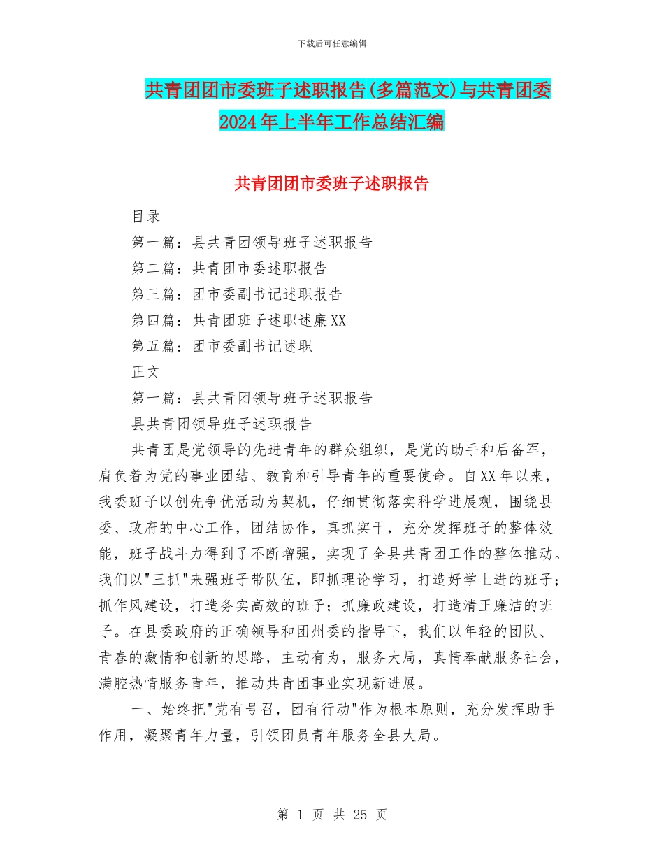 共青团团市委班子述职报告与共青团委2024年上半年工作总结汇编_第1页