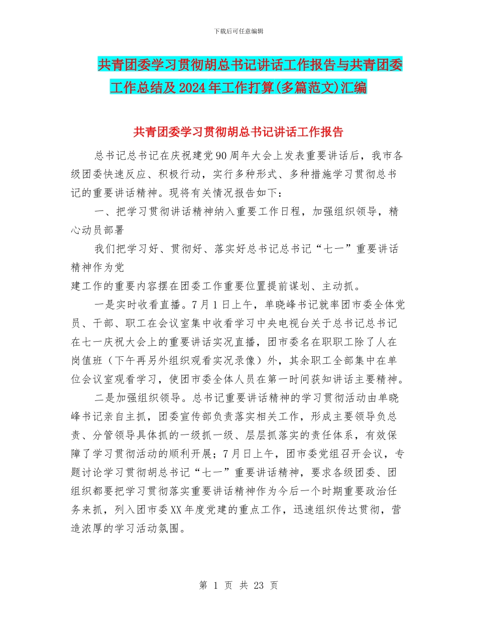 共青团委学习贯彻胡总书记讲话工作报告与共青团委工作总结及2024年工作打算汇编_第1页