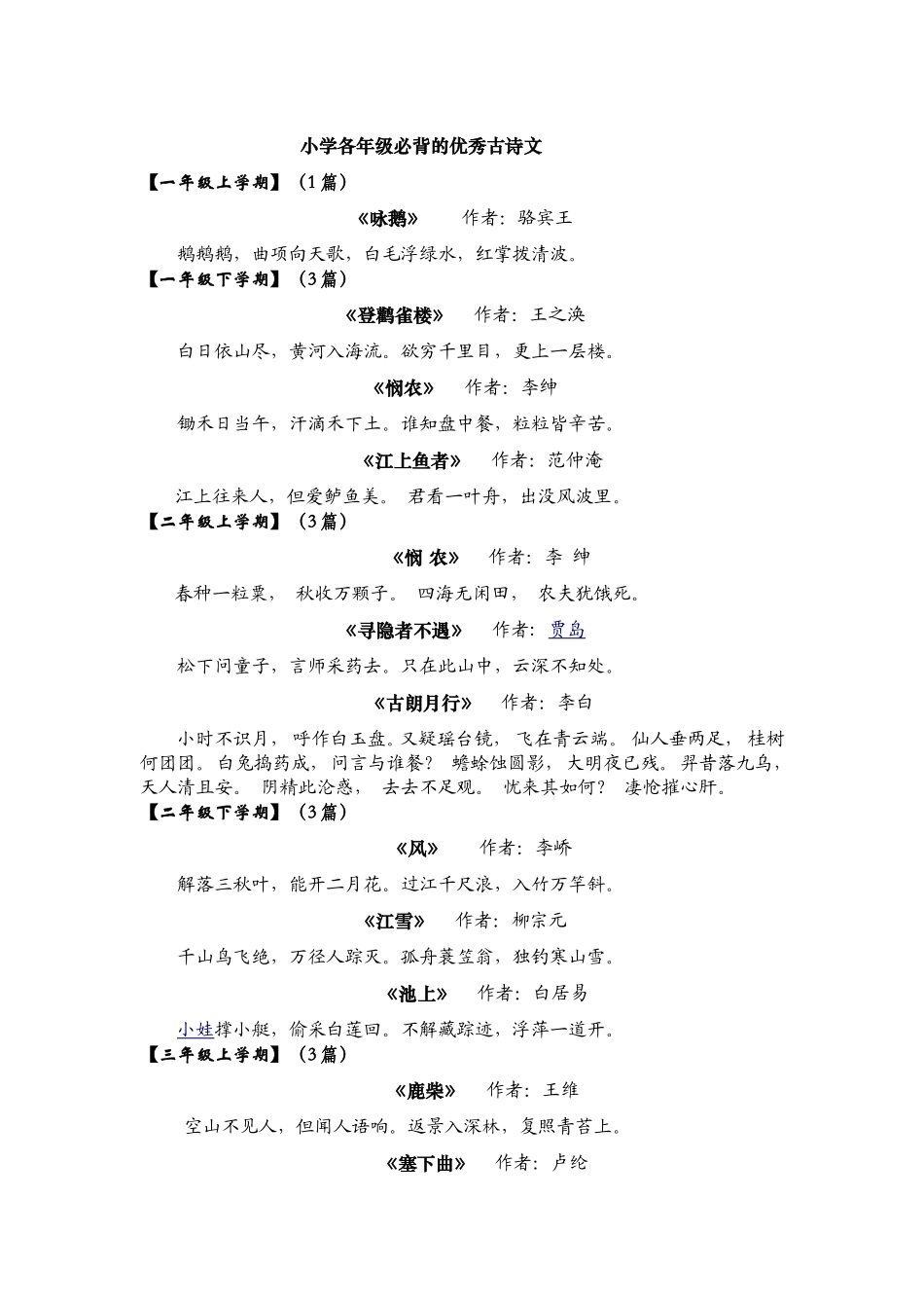 小学各年级优秀古诗文必背篇目_第1页