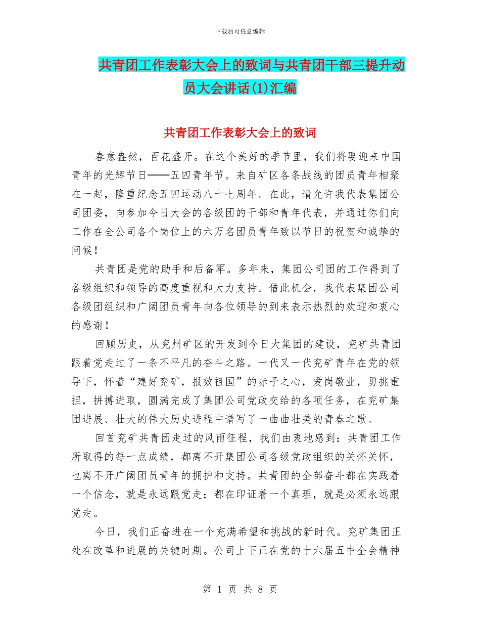 共青团工作表彰大会上的致词与共青团干部三提升动员大会讲话汇编_第1页