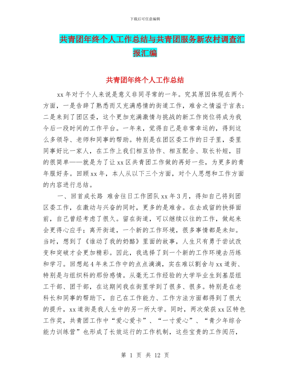 共青团年终个人工作总结与共青团服务新农村调查汇报汇编_第1页