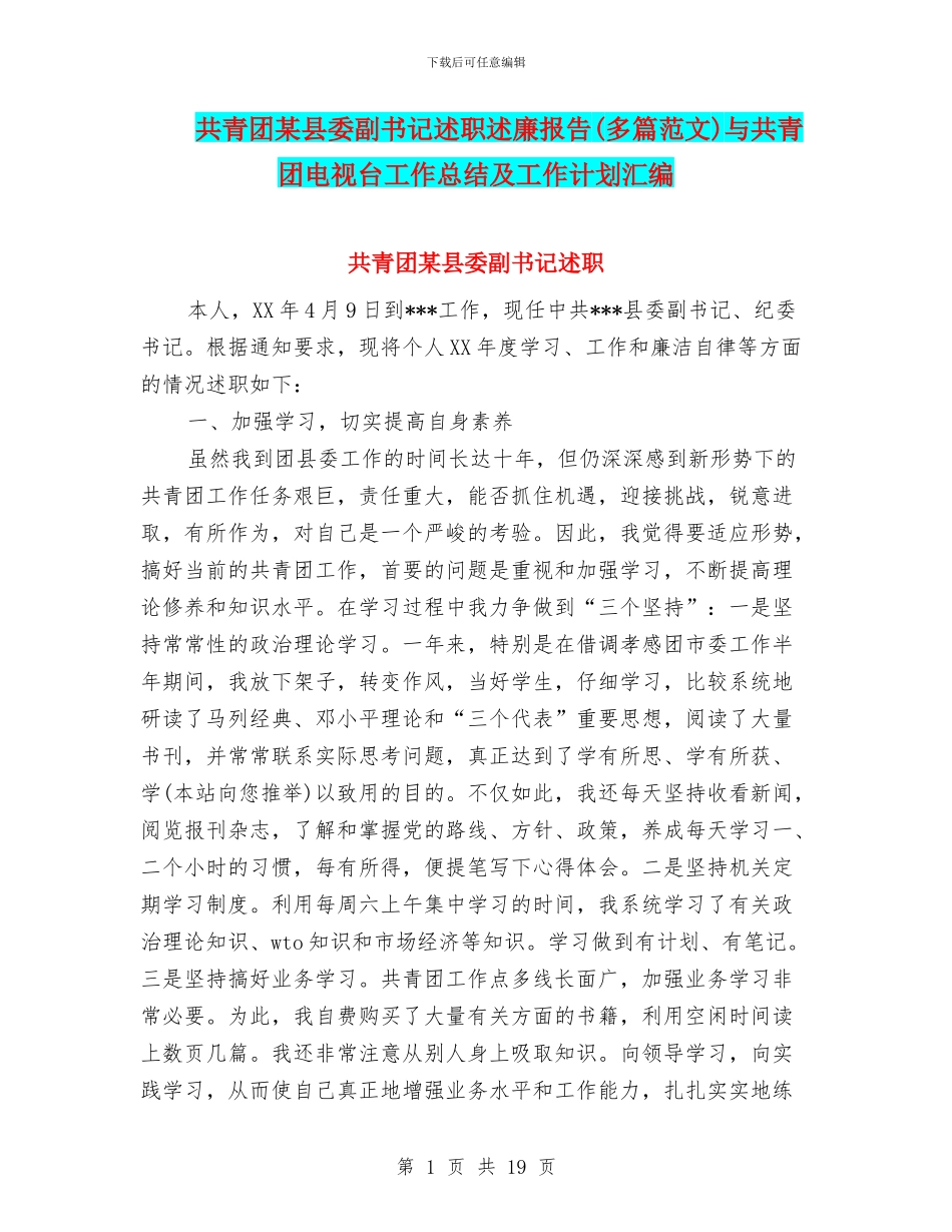 共青团某县委副书记述职述廉报告与共青团电视台工作总结及工作计划汇编_第1页