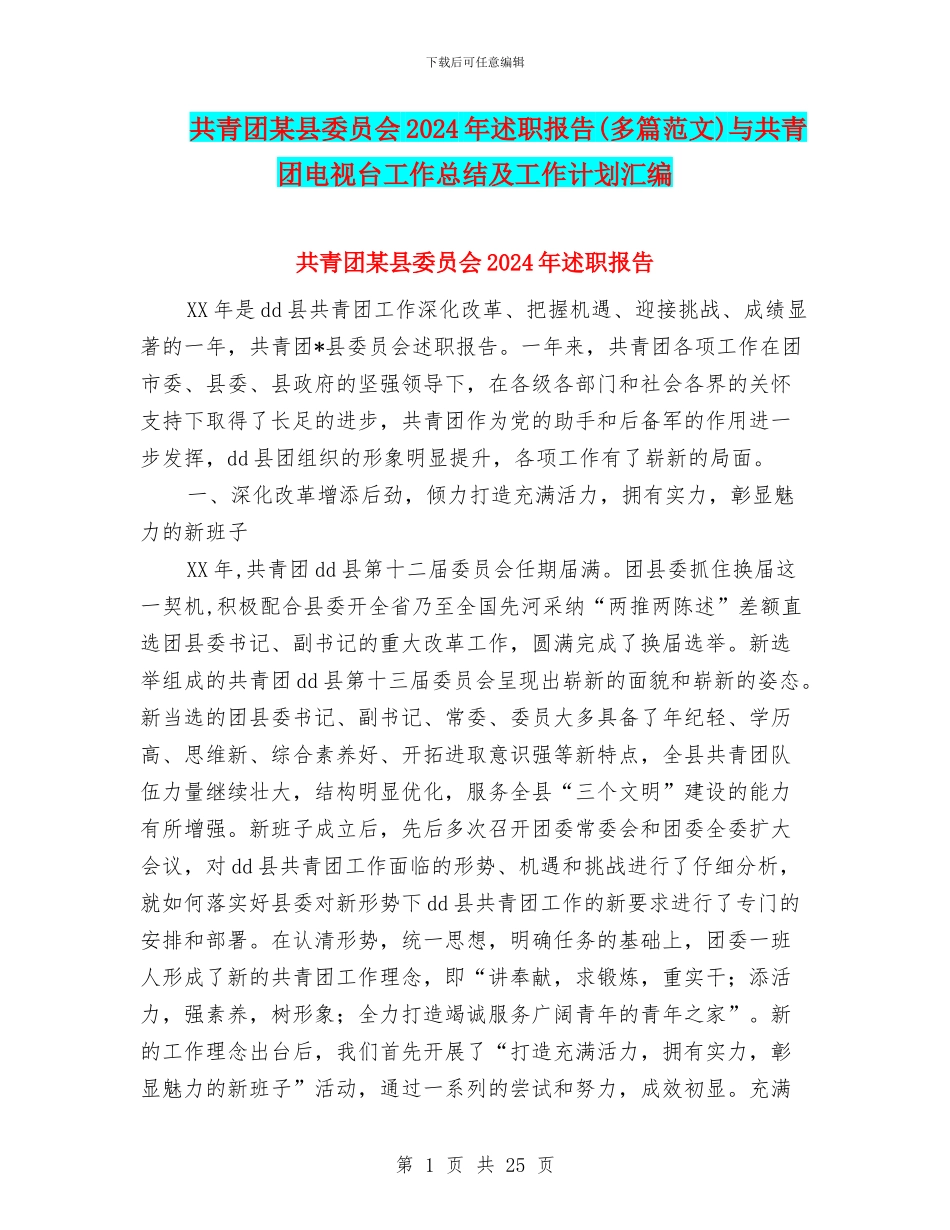 共青团某县委员会2024年述职报告与共青团电视台工作总结及工作计划汇编_第1页
