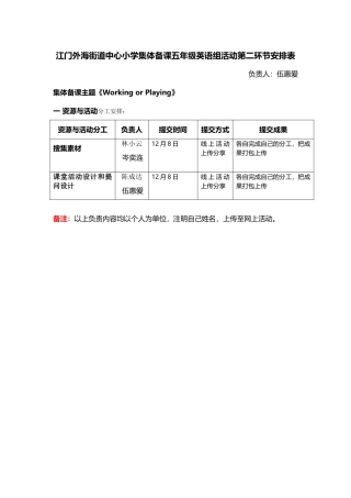 外海街道中心小学集体备课五年级英语活动第二环节安排表