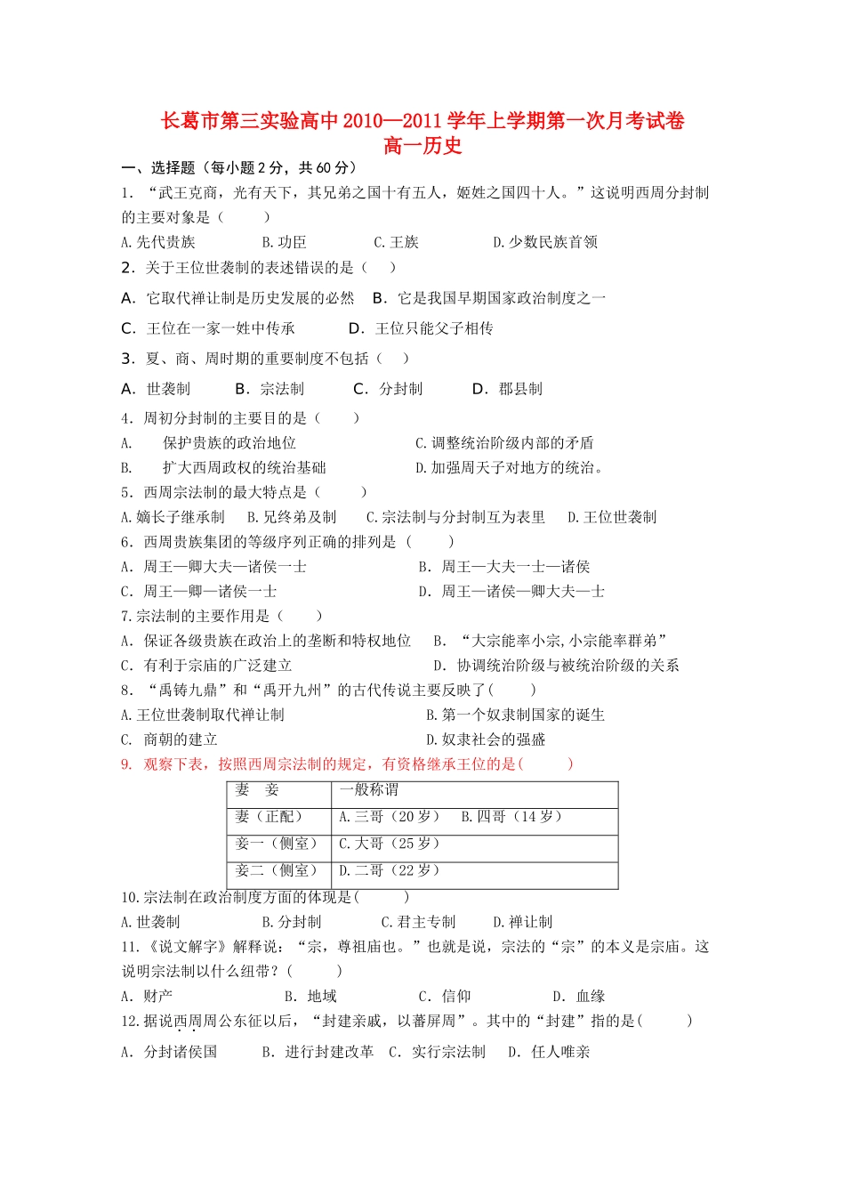 河南省长葛市第三实验高中10-11学年高一历史第一次月考新人教版【会员独享】_第1页