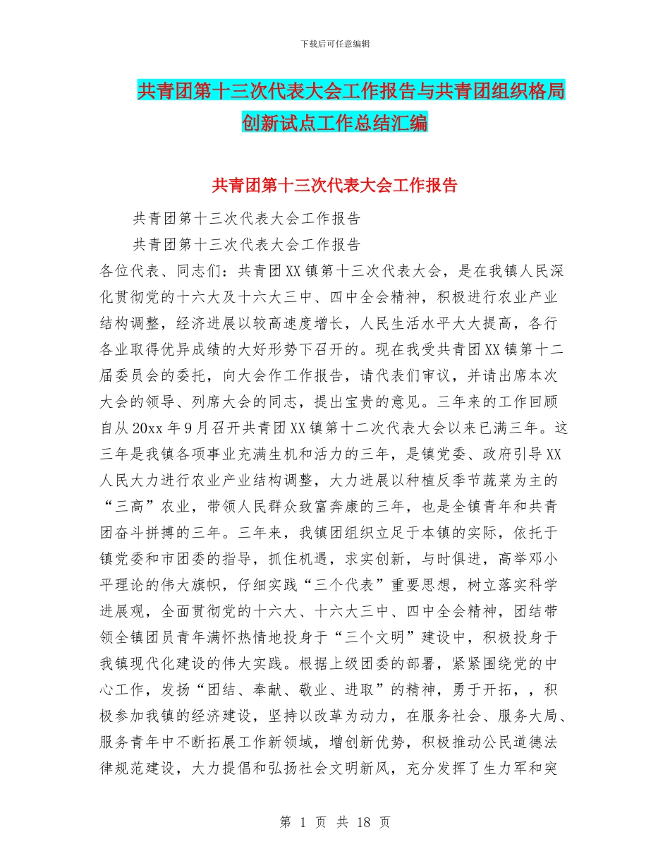共青团第十三次代表大会工作报告与共青团组织格局创新试点工作总结汇编_第1页