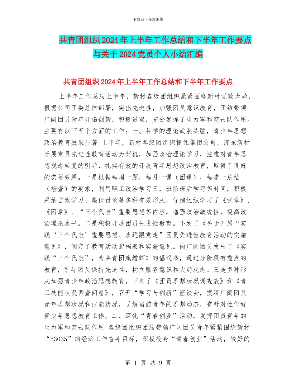 共青团组织2024年上半年工作总结和下半年工作要点与关于2024党员个人小结汇编_第1页