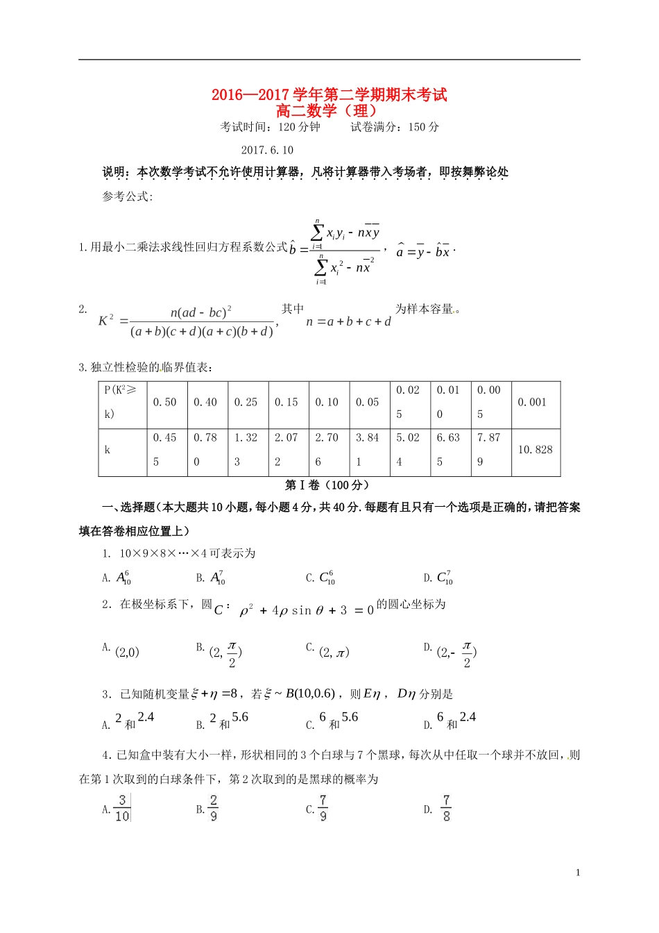 福建省福州市高二数学下学期期末考试试题 理-人教版高二全册数学试题_第1页