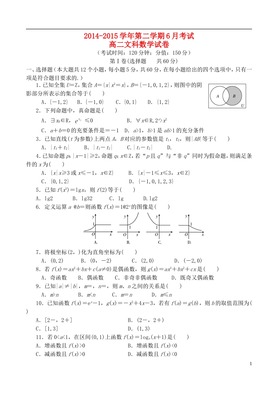 高二数学下学期6月月考试题 文-人教版高二全册数学试题_第1页