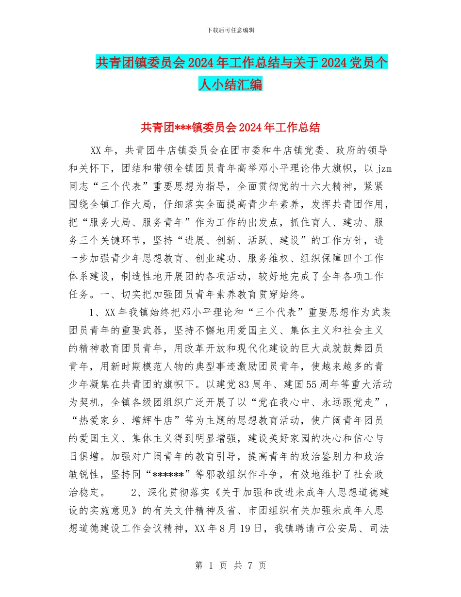 共青团镇委员会2024年工作总结与关于2024党员个人小结汇编_第1页