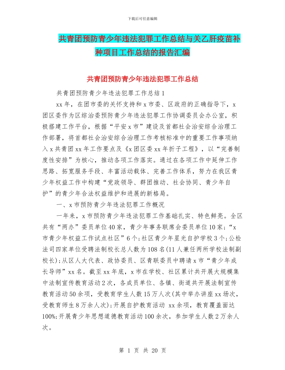 共青团预防青少年违法犯罪工作总结与关乙肝疫苗补种项目工作总结的报告汇编_第1页