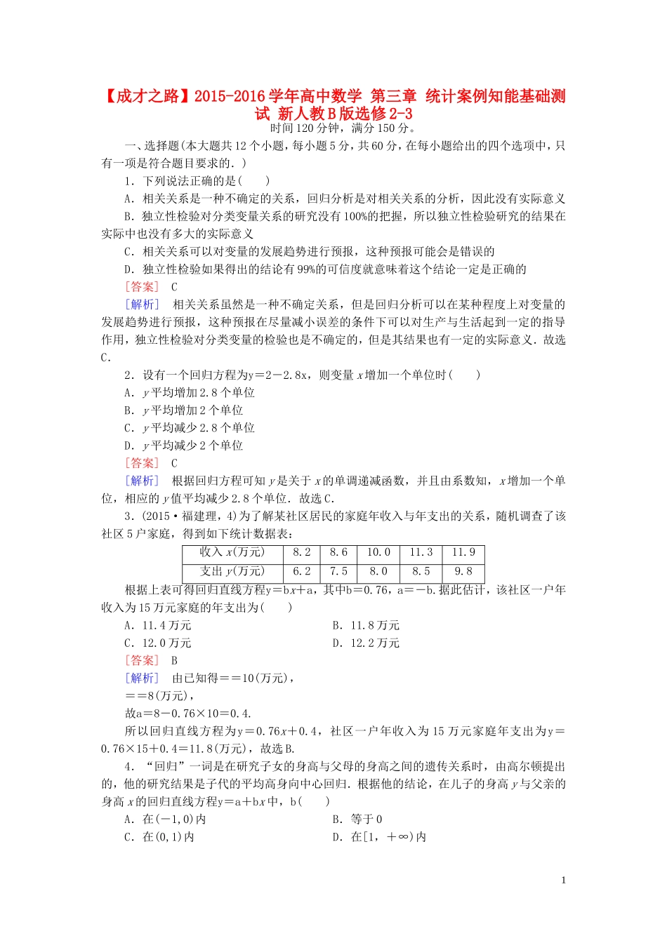 高中数学 第三章 统计案例知能基础测试（含解析）新人教B版选修2-3-新人教B版高二选修2-3数学试题_第1页