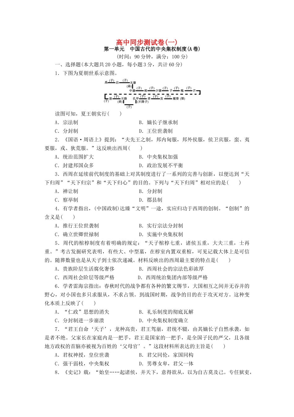 高中历史 同步测试卷（一）岳麓版必修1-岳麓版高一必修1历史试题_第1页