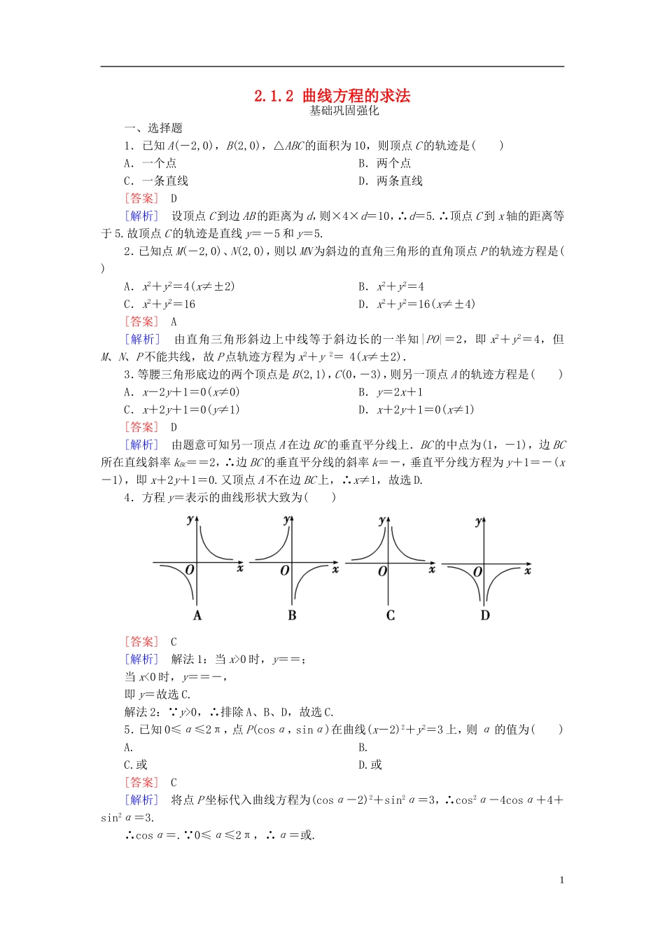 高中数学 第二章 圆锥曲线与方程 2.1-2.2 圆锥曲线及椭圆 2.1.2 曲线方程的求法练习 苏教版选修1-1-苏教版高二选修1-1数学试题_第1页