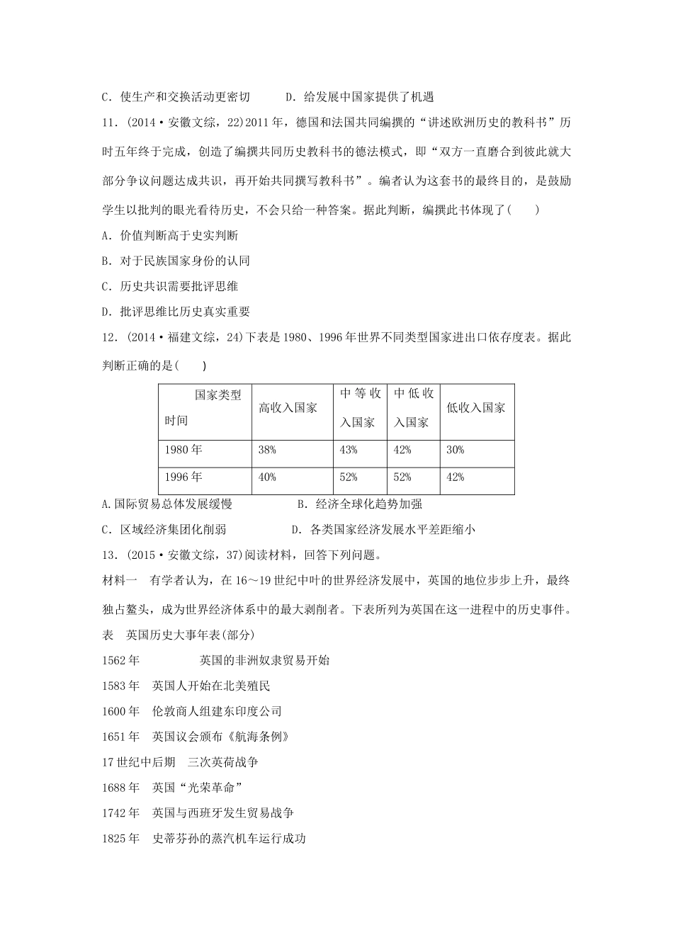 三年高考两年模拟高考历史专题汇编 专题十七 第二次世界大战后世界经济的全球化趋势-人教版高三全册历史试题_第3页