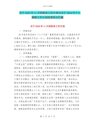关于2024年11月的财务工作计划与关于2024年个人销售工作计划优秀范文汇编