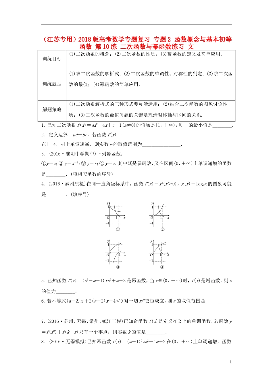 （江苏专用）高考数学专题复习 专题2 函数概念与基本初等函数 第10练 二次函数与幂函数练习 文-人教版高三全册数学试题_第1页