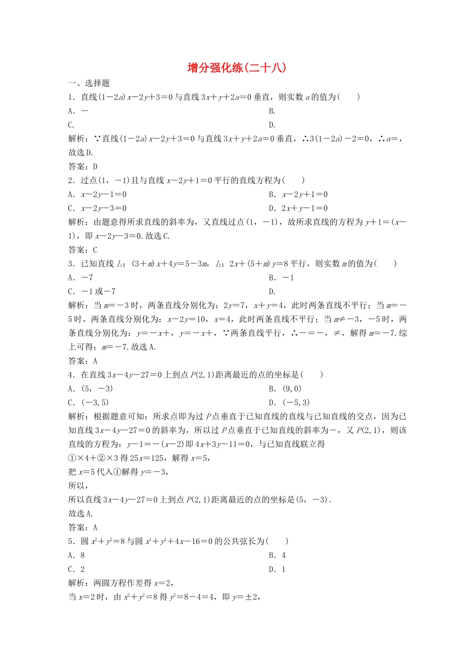 高考数学大二轮复习 第二部分 专题5 解析几何 增分强化练（二十八）理-人教版高三全册数学试题_第1页