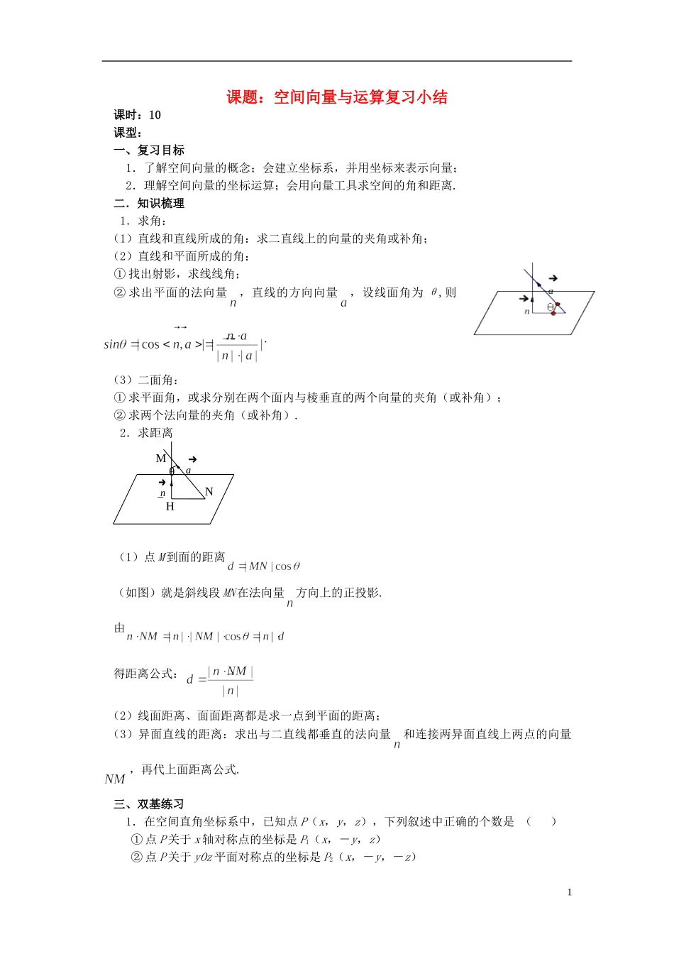 高中数学 空间向量与运算复习小结 理 新人教A版选修2-1-新人教A版高二选修2-1数学试题_第1页