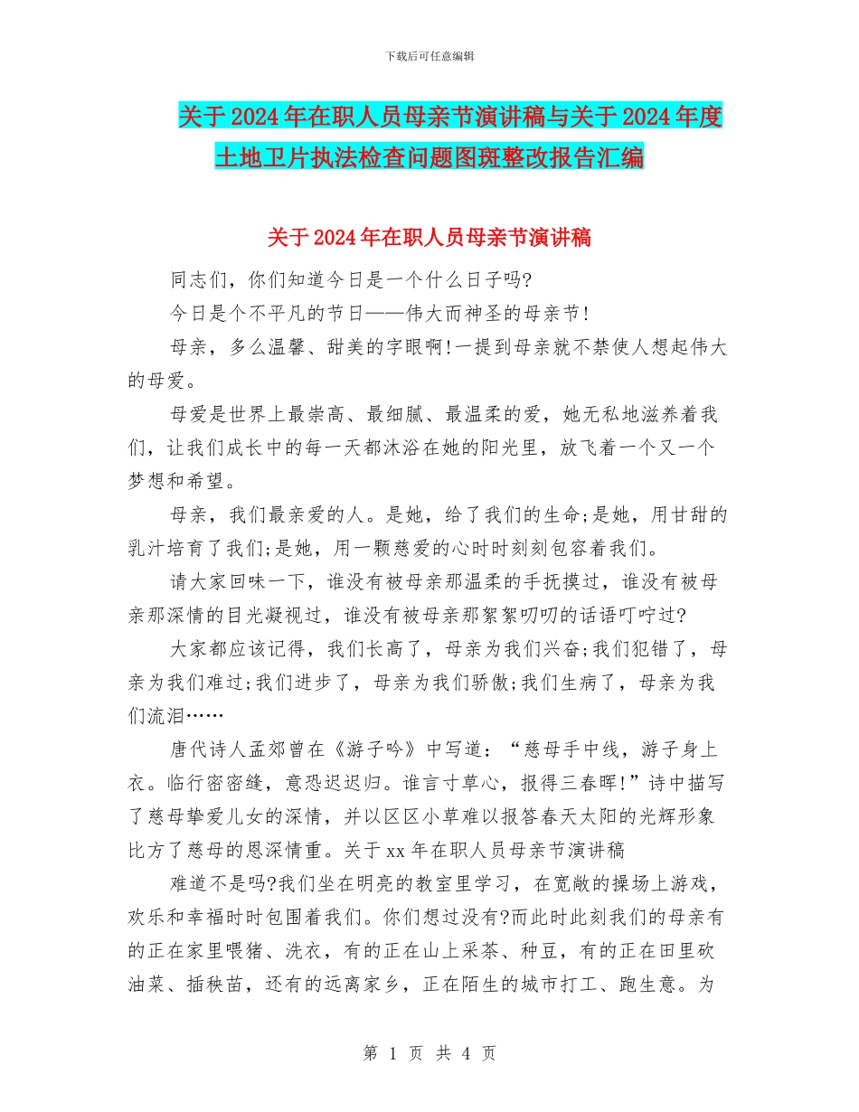 关于2024年在职人员母亲节演讲稿与关于2024年度土地卫片执法检查问题图斑整改报告汇编_第1页