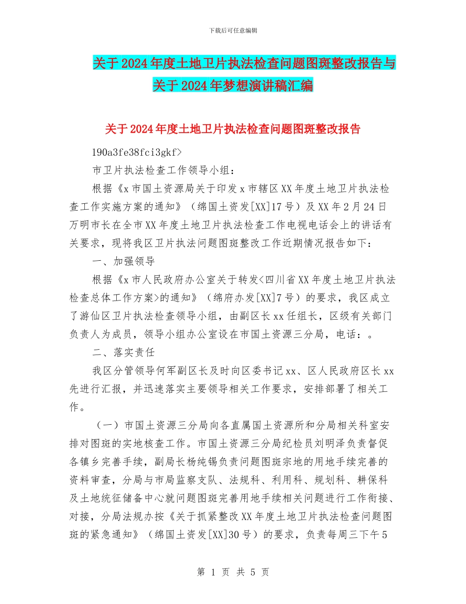 关于2024年度土地卫片执法检查问题图斑整改报告与关于2024年梦想演讲稿汇编_第1页