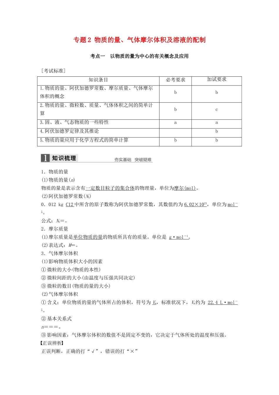 新（浙江专用）高考化学二轮复习 专题2 物质的量、气体摩尔体积及溶液的配制（含解析）-人教版高三全册化学试题_第1页