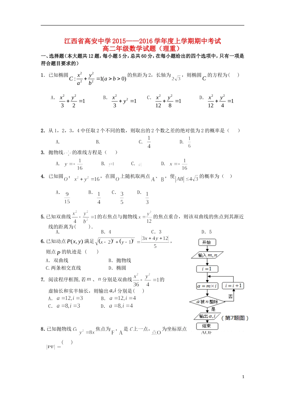 高二数学上学期期中试题 理（重点班）-人教版高二全册数学试题_第1页