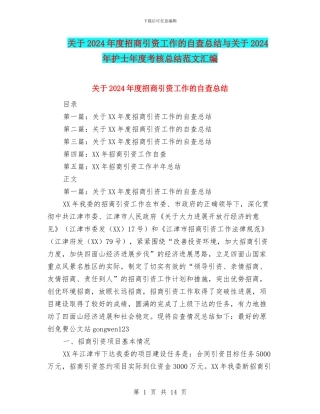 关于2024年度招商引资工作的自查总结与关于2024年护士年度考核总结范文汇编
