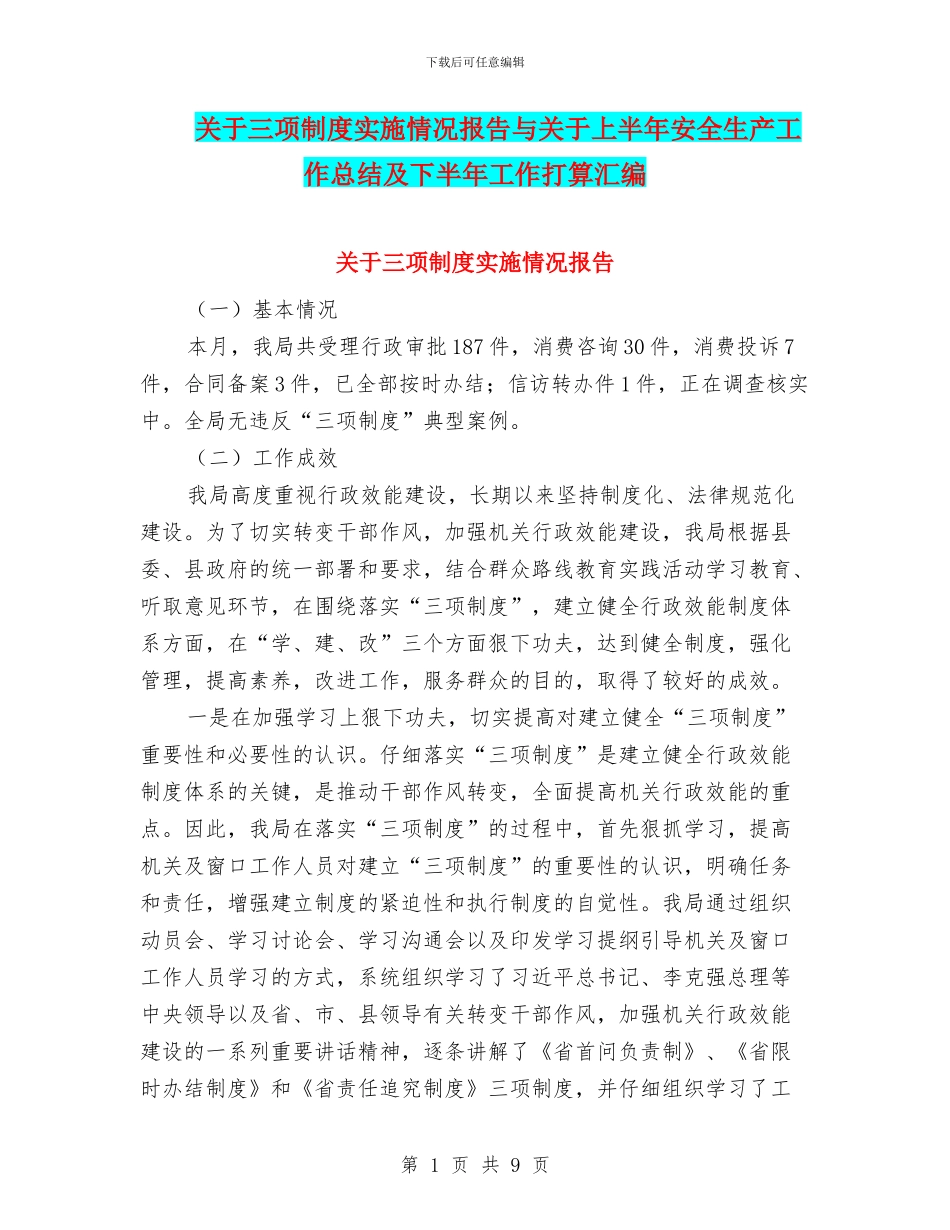 关于三项制度实施情况报告与关于上半年安全生产工作总结及下半年工作打算汇编_第1页