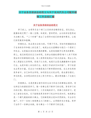 关于业务员培训总结范文与关于东风汽车公司配件销售工作总结汇编