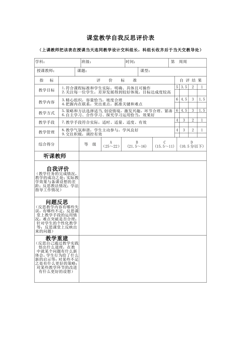 课堂教学自我反思评价表_第1页