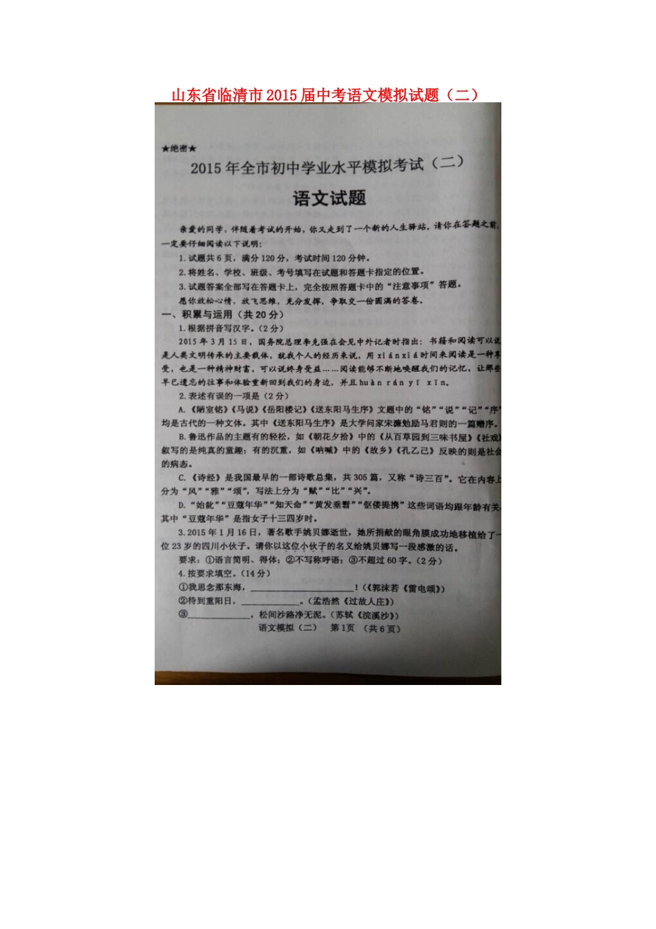 山东省临清市中考语文模拟试卷(二)试卷_第1页