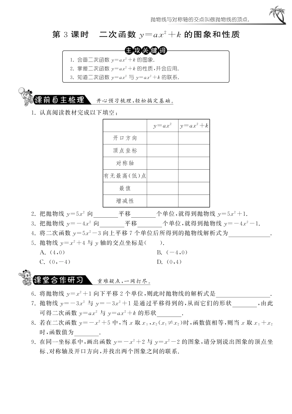 九年级数学下册 2613 二次函数y=ax²k的图象和性质测试卷(pdf) 新人教版试卷_第1页