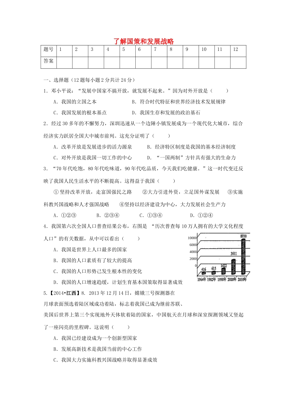 九年级政治上册 第四课 了解国策和发展战略同步检测试卷 新人教版试卷_第1页