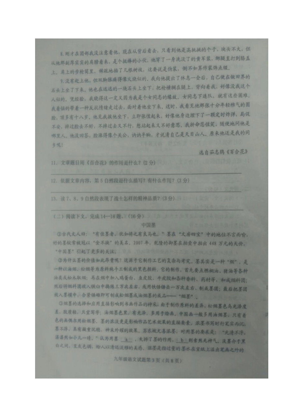 山东省菏泽市东明县九年级语文上学期期中试卷新人教版试卷_第3页