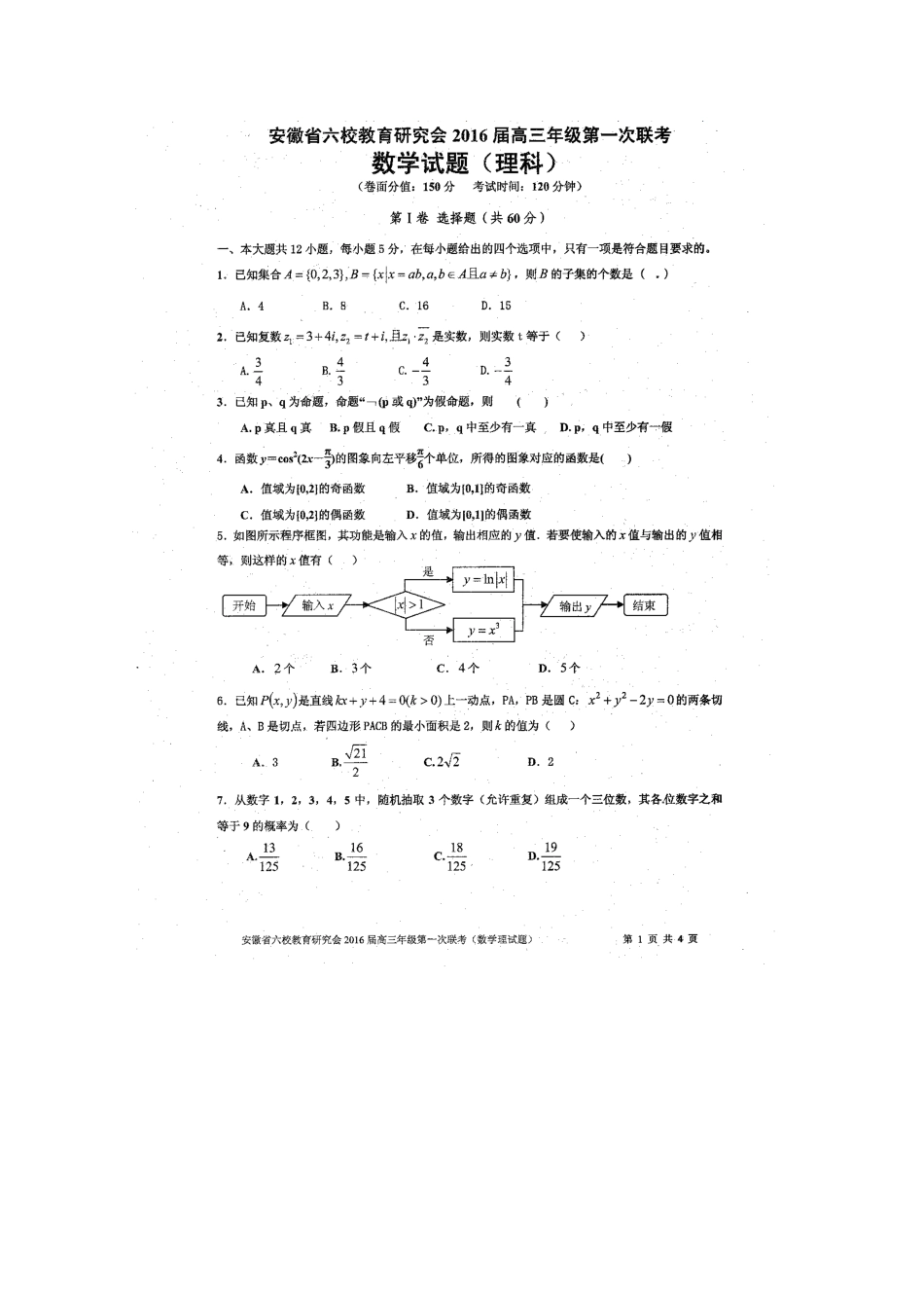 安徽省六校高三数学第一次联考试卷 理试卷_第1页