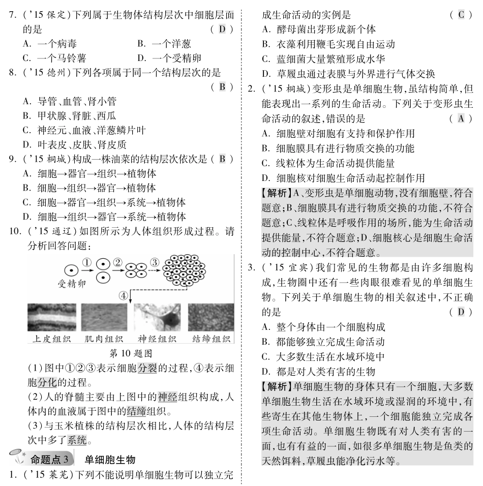 中考生物 第一部分 教材知识梳理 第二单元 第二章 细胞是怎样构成生物体复习备考试卷精编(pdf，含解析) 新人教版试卷_第3页