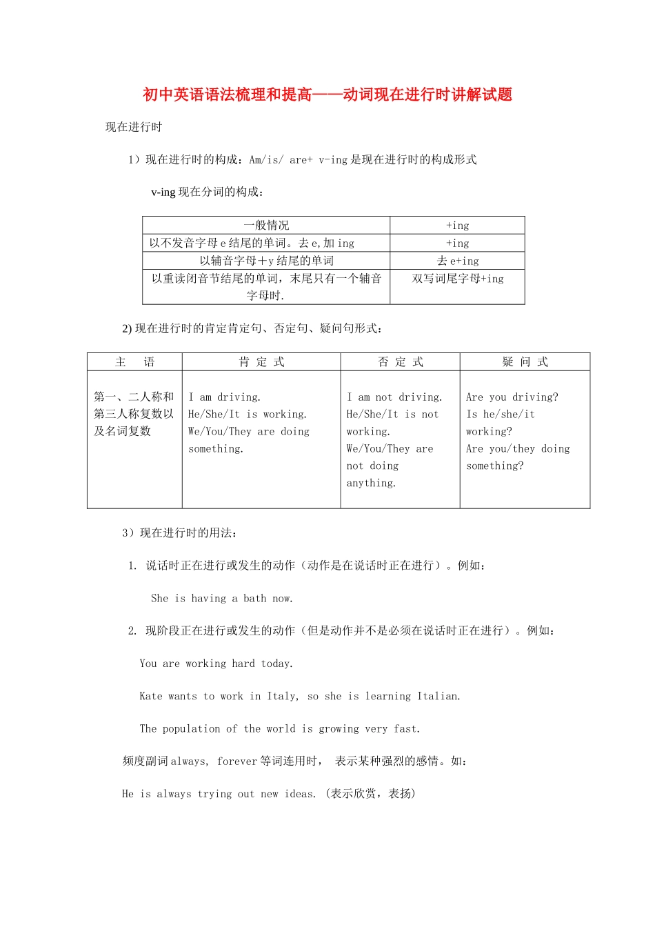 初中英语 语法梳理和提高 动词现在进行时讲解试题_第1页