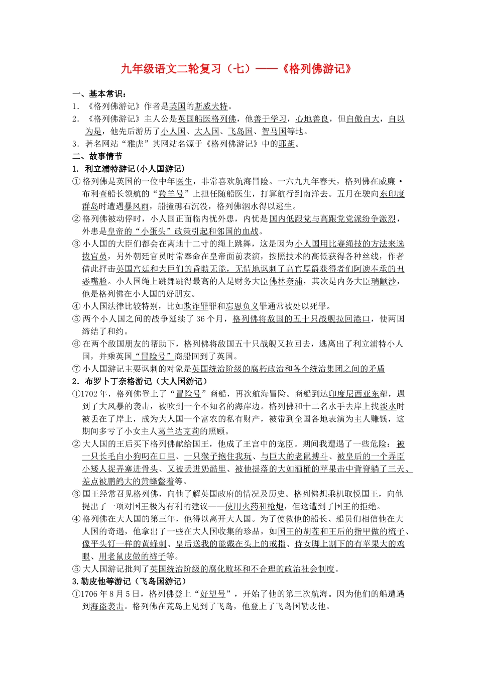 中考语文复习资料 名著 格列佛游记试卷_第1页