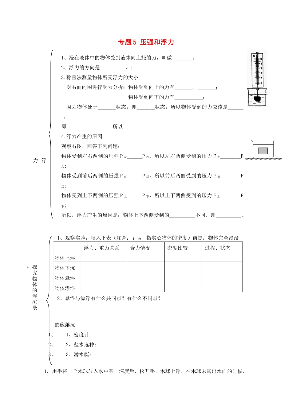 北京市中考物理总复习 专题5 压强和浮力知识点(无答案) 试题_第1页