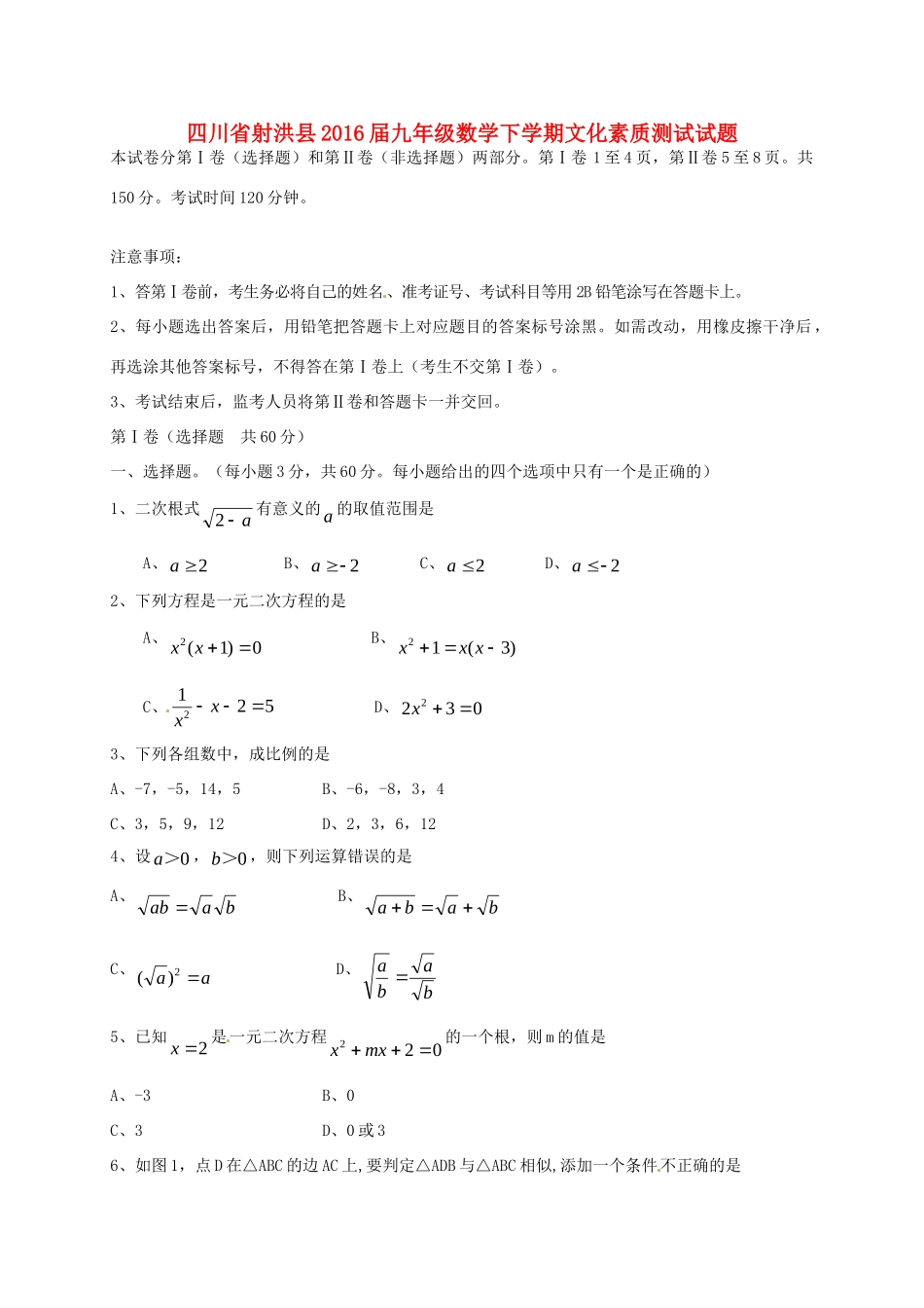 九年级数学下学期文化素质测试试卷试卷_第1页