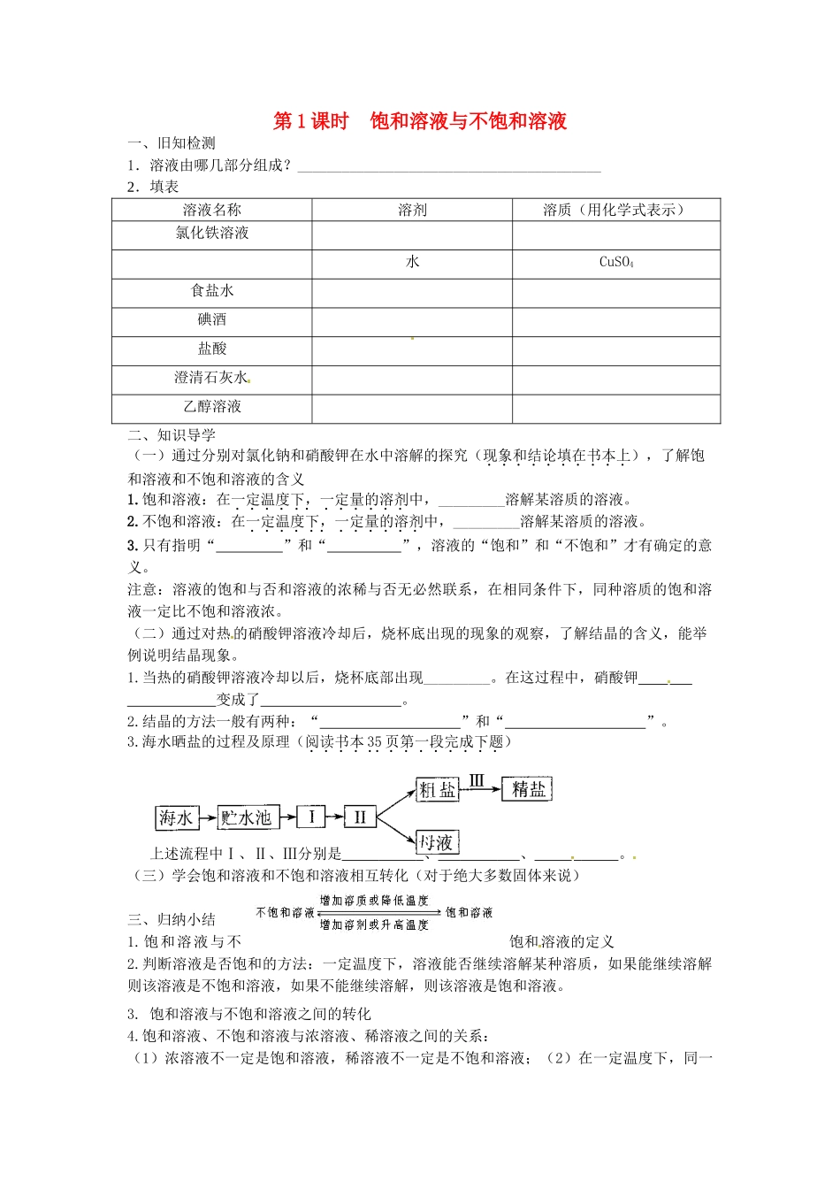 九年级化学下册 第九单元 溶液 课题2 溶解度(1)试卷(新版)新人教版试卷_第1页
