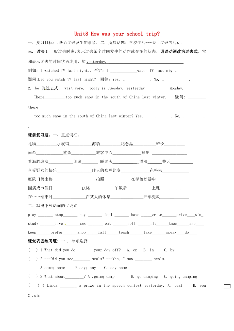 中考英语一轮总复习 八上 Unit 8 How was your school trip试卷试卷_第1页