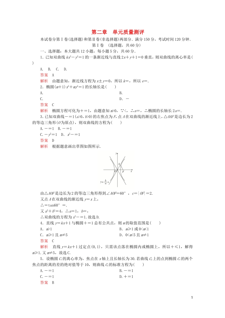 高中数学 第二章 圆锥曲线与方程单元质量测评 新人教A版选修2-1-新人教A版高二选修2-1数学试题_第1页