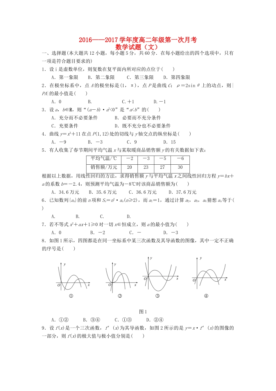 山西省汾阳市 高二数学下学期第一次月考试卷 文试卷_第1页