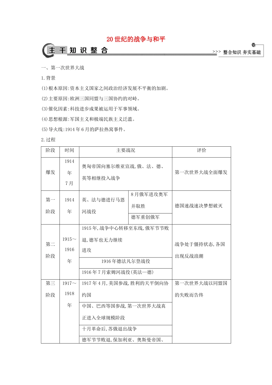 高考历史大一轮复习 20世纪的战争与和平知识整合 岳麓版-岳麓版高三全册历史试题_第1页