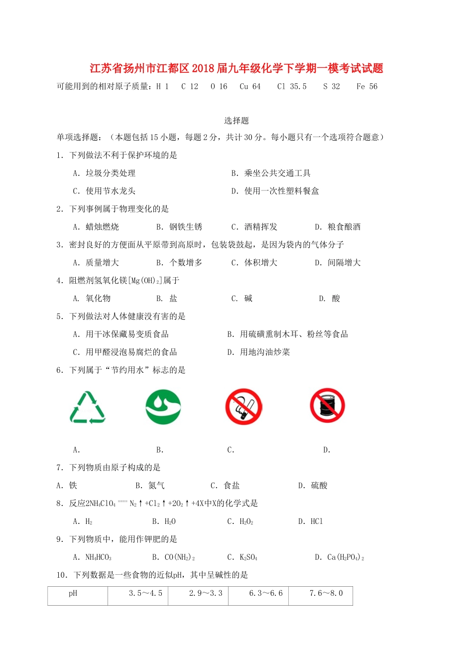 九年级化学下学期一模考试试卷 新人教版试卷_第1页